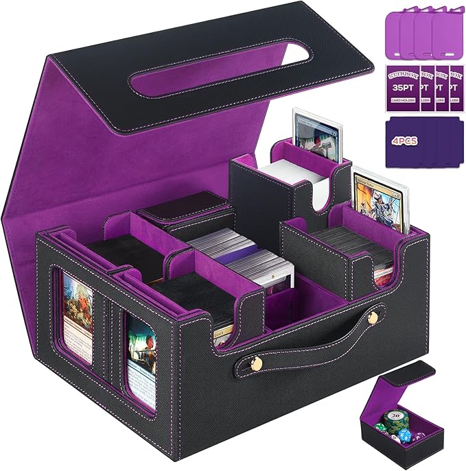 Trading Card Storage Box for MTG, MTG commander deck box，Multi-purpose Deck Case for MTG TCG Sports Card, 4 Toploaders, 4 Stoppers, 4 Colorful Dividers (Black & Purple)