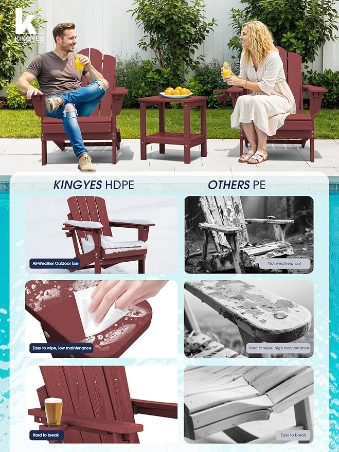 KINGYES Adjustable Folding Adirondack Chair Set of 2, 3-Position Reclining Adirondack Chairs with Cup Holder, HDPE All-Weather Oversized Adirondack for Outdoor, Patio, Backyard Deck, Fire Pit, Red