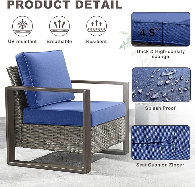 Rilyson Outdoor Wicker Patio Furniture Set - 5 Piece Patio Conversation Set with 2 Wicker Armrest Chairs,2 Rattan Ottoman and 1 Couch,Sturdy Frame,Thick Cushions,Deep Seating(Mixed Grey/Blue)