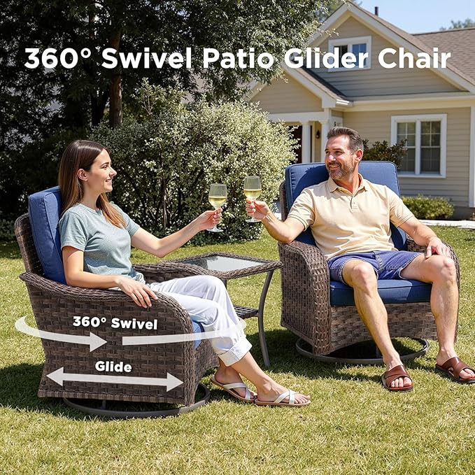 Wicker Patio Furniture Set-7 Pieces All-Weather Wicker Outdoor Furniture with High Back Outdoor Swivel Rocking Chairs Patio Conversation Sets for Garden Porch Deck Brown/Blue