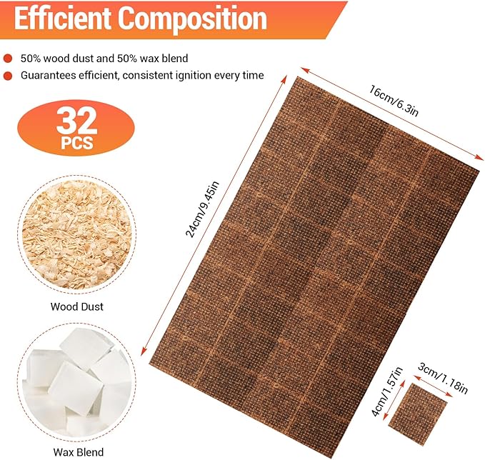 Fire Starters 160 Squares for Fileplace: Weather-Resistant Firestarter for Stove Camping Grill Campfires BBQ