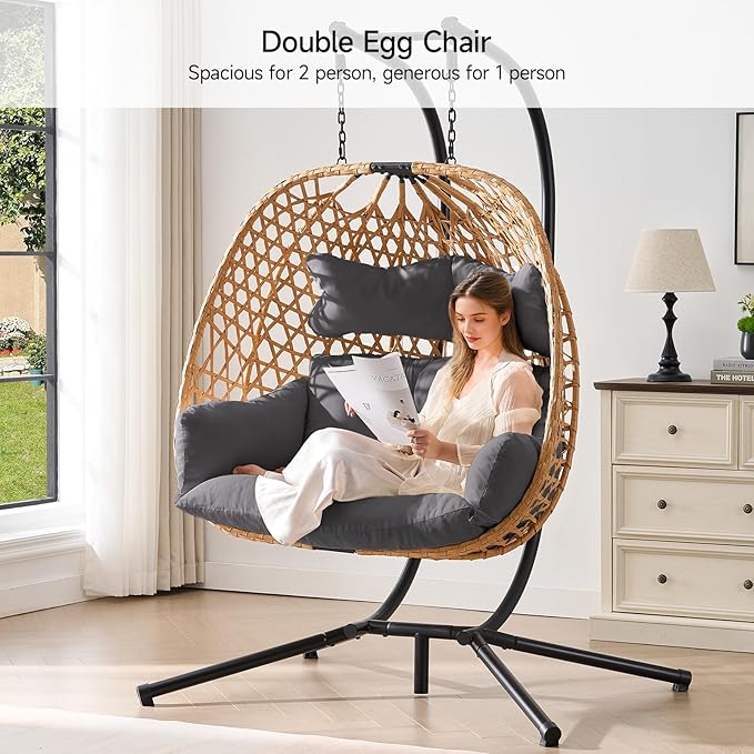 ONBRILL Double Hanging Egg Chair with Stand, Bohemian Knot Style Hammock Swing Chair, Foldable Basket & Denser Weaves, 650 Lbs Capacity Loveseat with UV Resistant Cushion for Patio, Backyard (Grey)