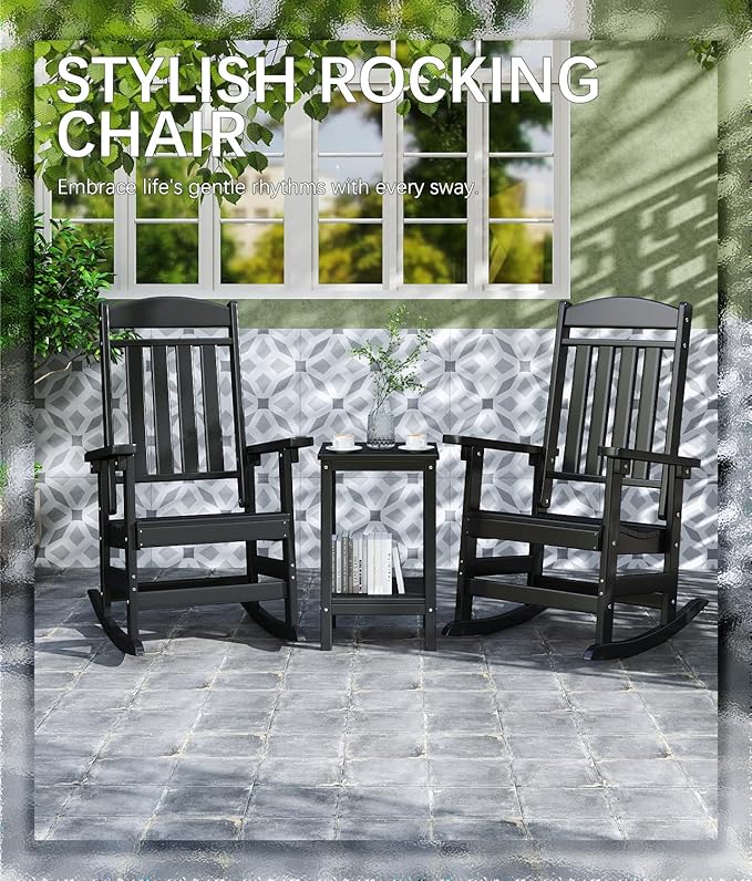 FOOWIN Outdoor Rocking Chair, High Back Patio Rocking Chair, HDPE All Weather Resistant Porch Rocker for Adult, Rocking Chairs for Outdoor, Indoor, Patio, Deck, Garden (Set of 1, Black)