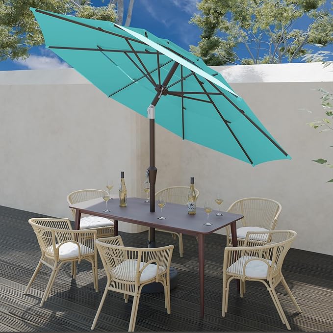 9FT 3 Tiers Patio Umbrella With Auto Tilt and Crank, Outdoor Table Market Umbrella with 8 Sturdy Ribs for Garden,Lawn,Deck,Backyard and Pool,Peacock Blue