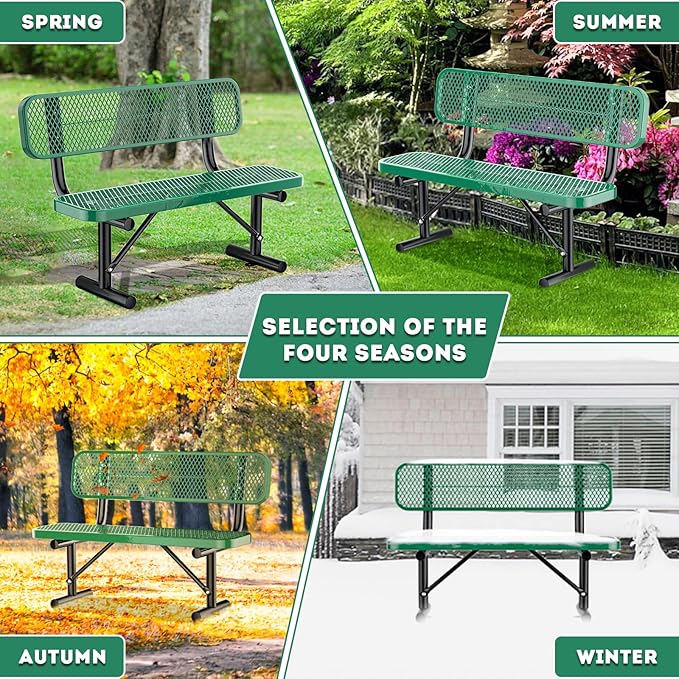 Heavy Duty Park Bench for Outside, Metal Park Bench with Back Portable Frame, Outdoor Steel Mesh Garden Bench with Backrest for Garden, Lawn, Patio, Porch, Park, Yard (Green, 4FT/50INCH)