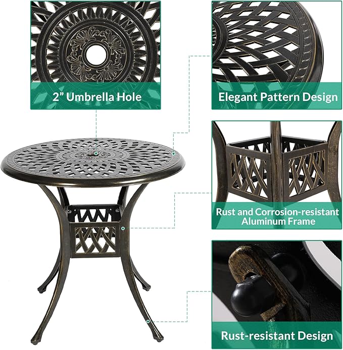 VIVIJASON 3-Piece Patio Furniture Dining Set, Outdoor All-Weather Cast Aluminum Bistro Set, Include 2 Swivel Chairs and 31" Round Table w/Umbrella Hole for Balcony, Lawn, Garden, Antique Bronze