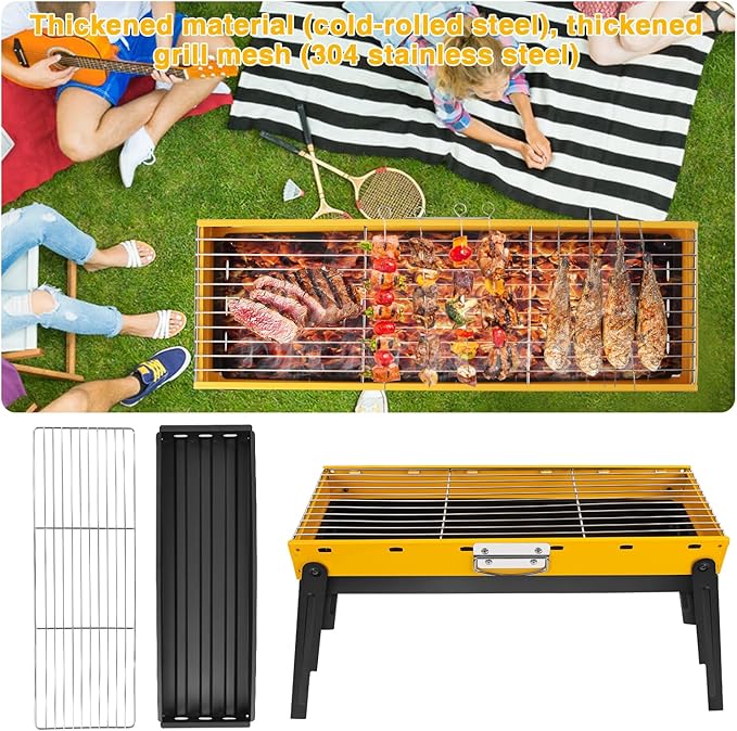 Portable Charcoal Grill, Portable Tabletop BBQ for Outdoor Cooking | Compact Folding Grill for Camping, Hiking, Picnics & Travel | 24”x13”x9” Lightweight Smoky Flavor Grill