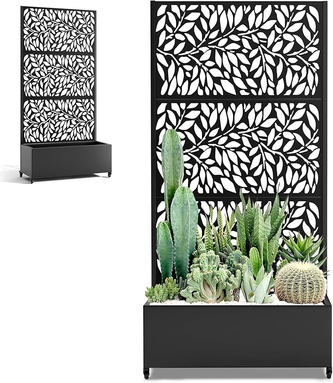 Metal Planter Box with Trellis and Wheels, 35" L×16" W×71" H Outdoor Raised Beds with Privacy Screen, Drainage Holes for Climbing Plants (Black Leaf)