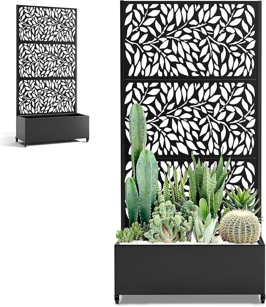 Metal Planter Box with Trellis and Wheels, 35" L×16" W×71" H Outdoor Raised Beds with Privacy Screen, Drainage Holes for Climbing Plants (Black Leaf)