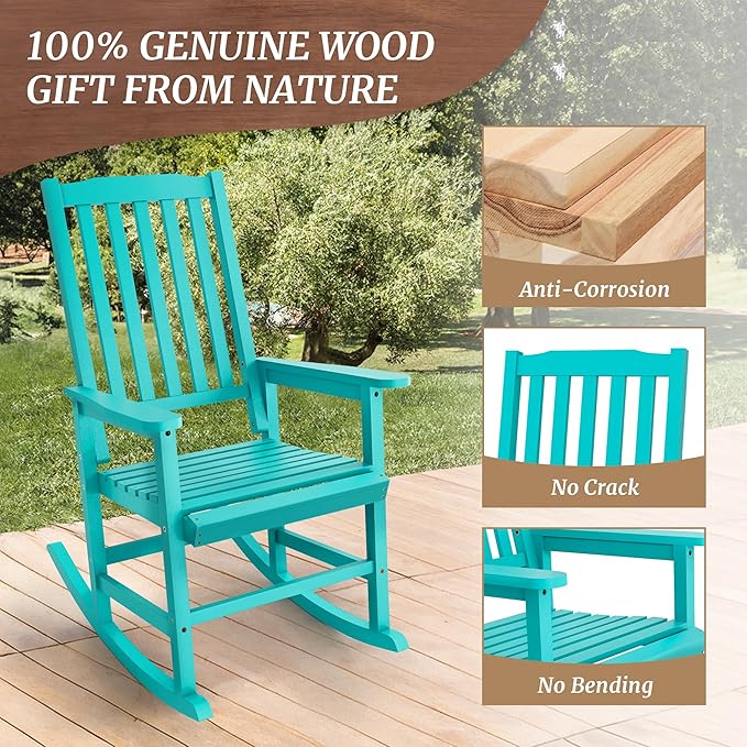 Outdoor Rocking Chairs Set of 2, Rocking Chair Outdoor All Weather Wooden Rockers, Heavy Duty 350lbs, High Back Wide Seat Patio Chairs for Porch, Backyard, Garden, Aqua Sky