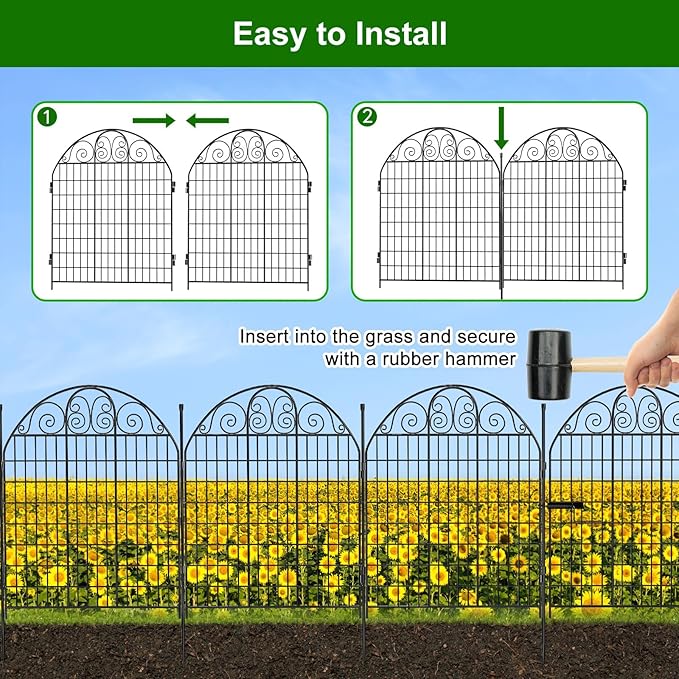 10 Panels Decorative Garden Fence with Gate for Yard, 36 in(H) X 24ft(L) No Dig Dogs Fence Outdoor Animal Barrier Fencing, Rustproof Metal Wire Patio Temporary Fences for Dogs Rabbits