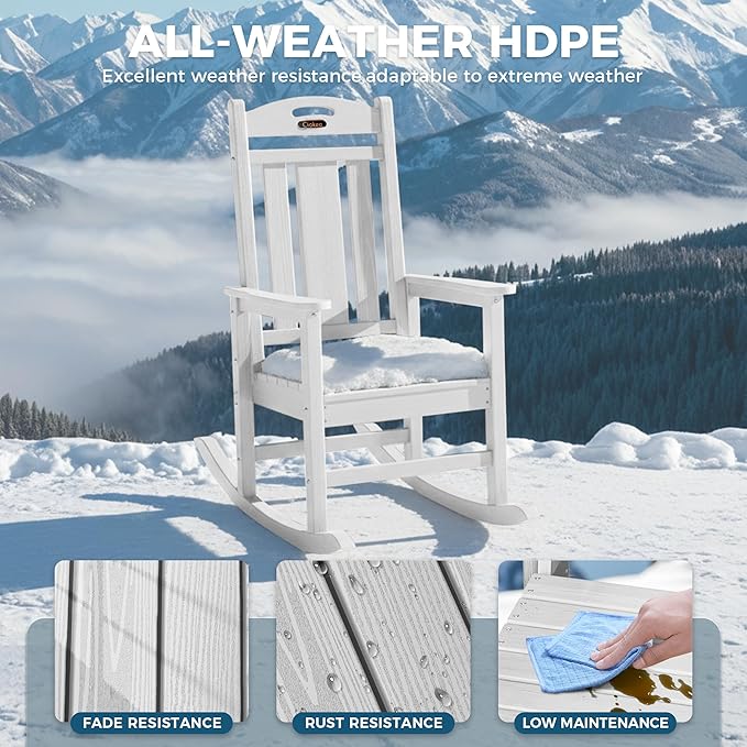 Ciokea Oversized Outdoor Rocking Chair, HDPE Porch Rocking Chair for Outside, Weatherproof Comfortable Patio Rockers for Front Deck Balcony, White
