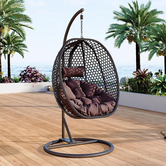 Egg Swing Chair Outdoor with Stand, Hanging Egg Rattan Basket Chair with Cushion and Pillow, Lounge Chair, Foldable Basket and Metal Stand for Porch, Patio, Bedroom, Balcony,Yard (Black)
