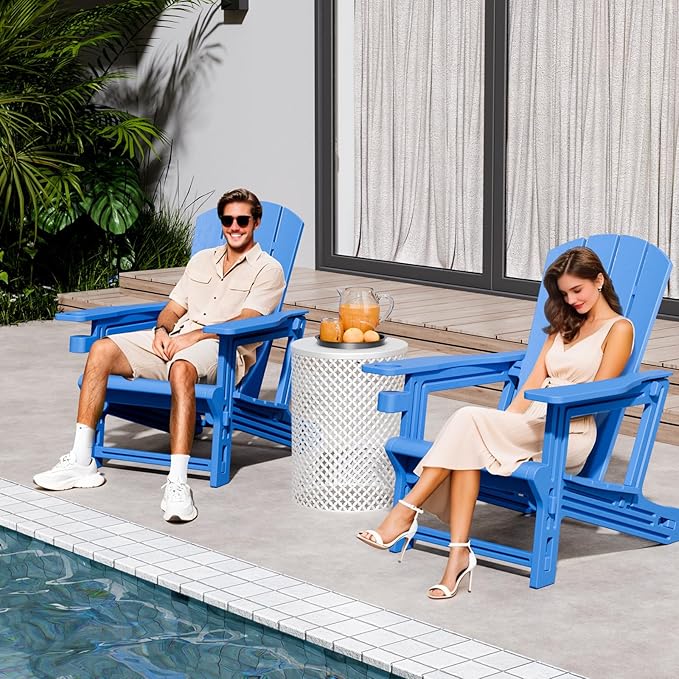 FONTOI Adirondack Chairs Set of 2, Plastic Outdoor Adirondack Chair with Cup Holder, 400 LBS Capacity Recliner Chair Garden Chair for Patio Backyard Lawn Beach, Klein Blue
