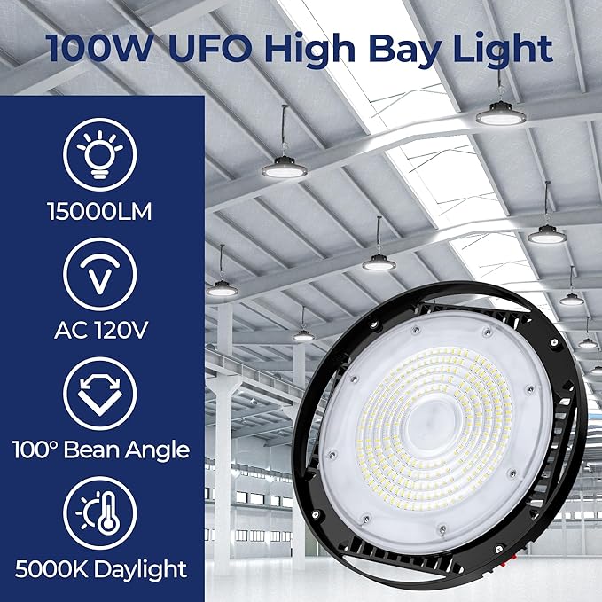 CINOTON 100W UFO LED High Bay Light, Aluminum LED Shop Lights with 15000LM, 5000K Commercial Bay Lighting for Warehouse Garage Workshop Factory Hall, 6' Cable & Safety Rope, ETL Listed 1 Pack