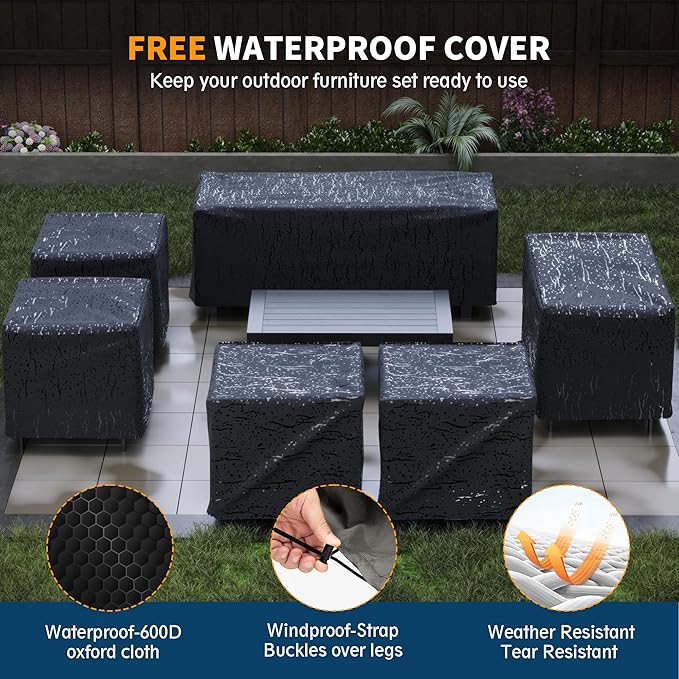 UDPATIO 10 Piece Aluminum Patio Furniture Set, Oversized Modern Outdoor Furniture Set with Olefin Fabric Cushion for Patio Deck Backyard, Dark Grey/Navy(with Waterproof Covers)