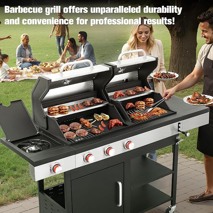 CIG GARDEN 3 Burner Propane Gas and Charcoal Grill Combo with Side Burner,Dual Fuel BBQ Grill with Cast Iron Griddle,41,500 BTU Output Perfect for Outdoor Cooking, Balcony, Backyard,Camping