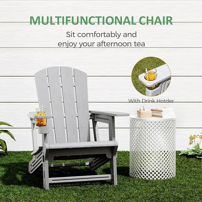 Adirondack Chair Set of 4, All Weather Plastic Adirondack Chairs, Fire Pit Chairs with Cup Holder, Outdoor Lawn Chair for Patio, Garden, Backyard, Grey
