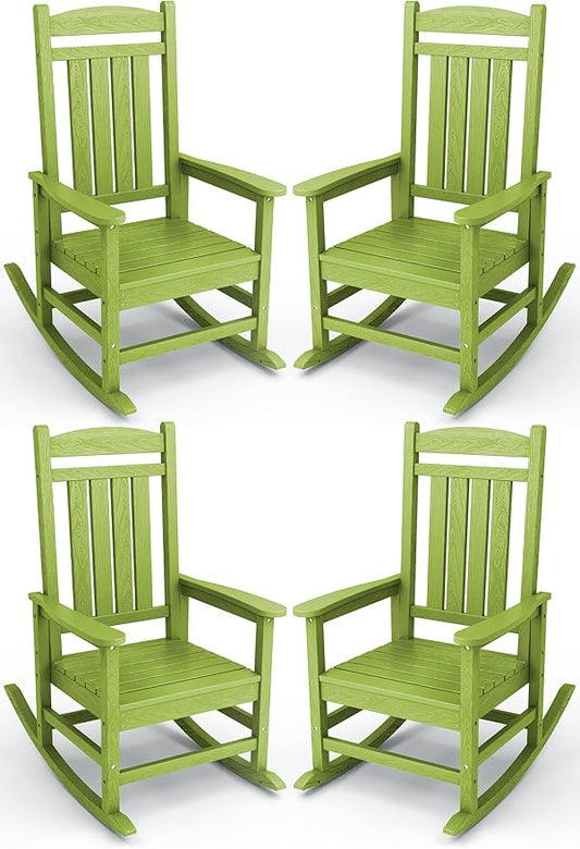 KINGYES HDPE Outdoor Rocking Chair Set of 4, All-Weather Poly Patio Rocking Chairs with 330lbs Support for Adults, Pistachio Green