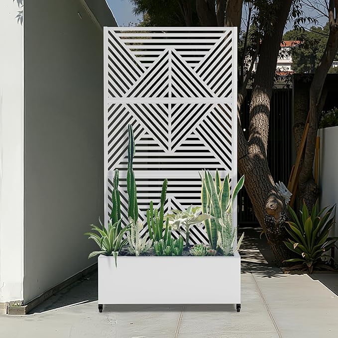 Metal Raised Garden Beds with Privacy Screen for Outdoor Plants, Planter Box with Trellis & Wheels, Flower Boxes with Drainage Holes (35" L×16" W×71" H, White Zodiac)