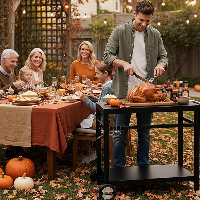 Royal Gourmet Dining Cart Table with Double-Shelf, Movable Stainless Steel Flattop Grill Cart, Hooks, Side Handle, Multifunctional PC3401B (Black)