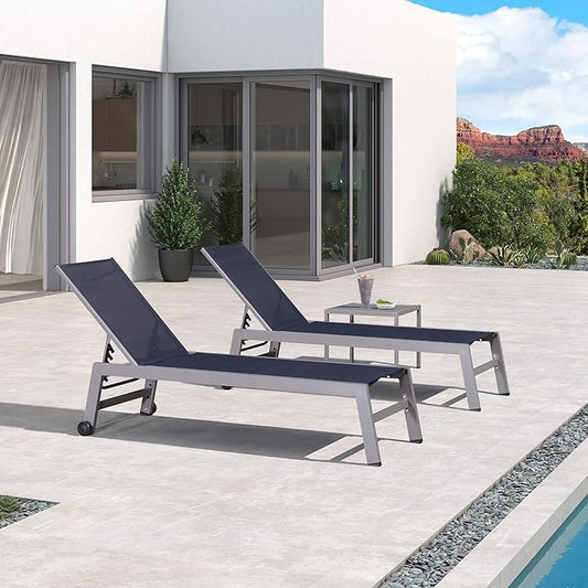 PURPLE LEAF Outdoor Lounge Chair Set for 2 Aluminum Patio Chaise Lounger with Easy-to-Move Wheels and Adjustable Backrest Pool Reclining Lounge Chairs for Beach Yard Poolside Table Included, Navy Blue