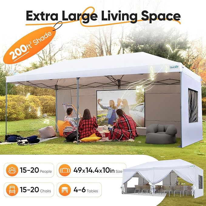 Quictent 10x20 FT Pop up Canopy Tent with Sidewalls, Easy Setup and Wheeled Bag for Outdoor Event Party Commercial Camping Markets and Instant Shelter