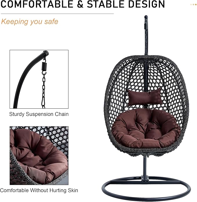Hanging Egg Chair with Stand, Egg Swing Chair with Stand Indoor Outdoor, Black Wicker Swing Egg Chair for Adults, Hammock Chair with Comfortable Cushion and Stable Round Metal Base for Bedroom Patio