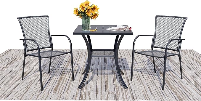 3 Piece Outdoor Dining Set, Patio Dining Set for 2, 27.6" Metal Square Table with 2 Black Metal Mesh Outdoor Dining Chairs with Armrest for Lawn, Garden, or Porch