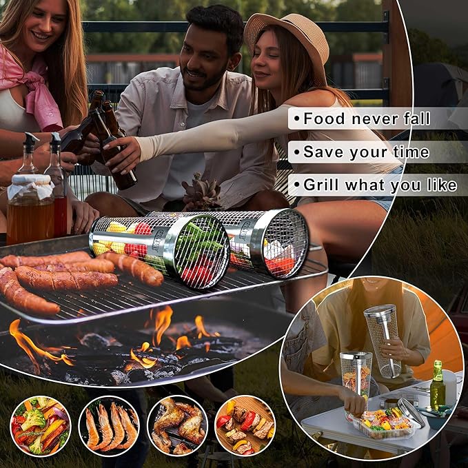 [Upgraded] Grilling Basket (Size XXL), Dishwasher Safe Round Grill Basket for Veggies, Stainless Steel Rolling Grilling Baskets for Outdoor Grilling, Heavy Duty, Easy to Store, Gifts for Men/Dad