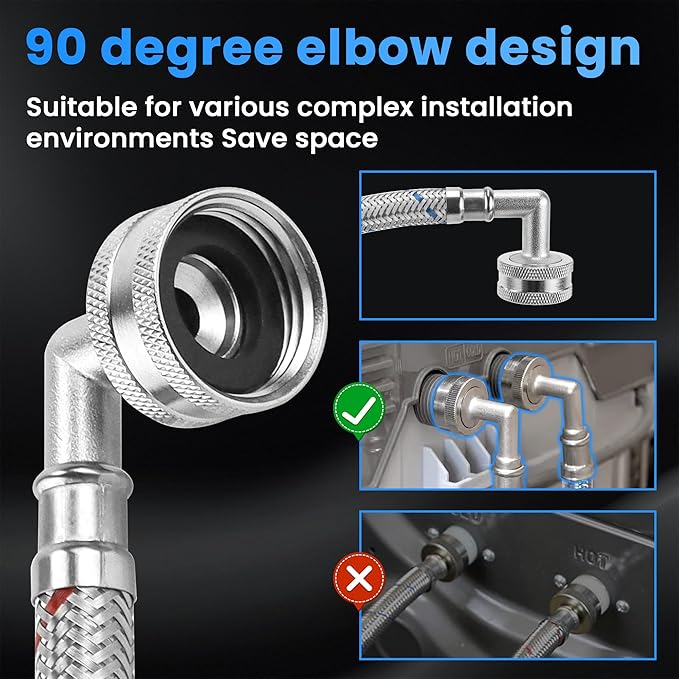 6FT Washer Stainless Steel Hoses with 90 Degree Elbows - Burst Proof 3/4" FHT Standard Thread Hot and Cold Water Connection Inlet Supply Lines by AMI PARTS