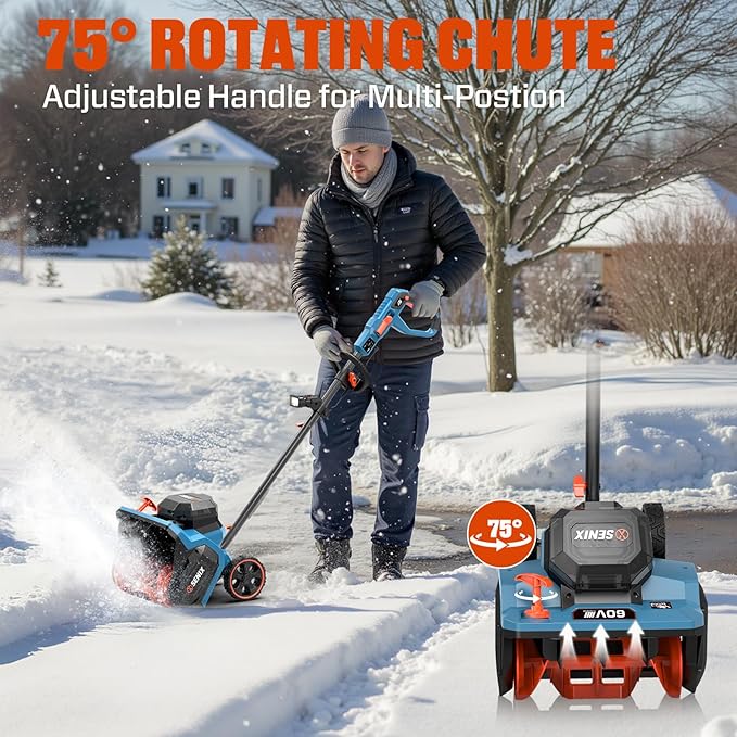 SENIX 60V 15" Cordless Snow Blower, Snow Shovel with Wheel for Decks, Steps, Driveways & Walkways | Steel Auger, 6000mAh Battery, 6" Depth, 33FT Throw, 600lbs/m, LED Lights, 2 Speed, 75° Direction