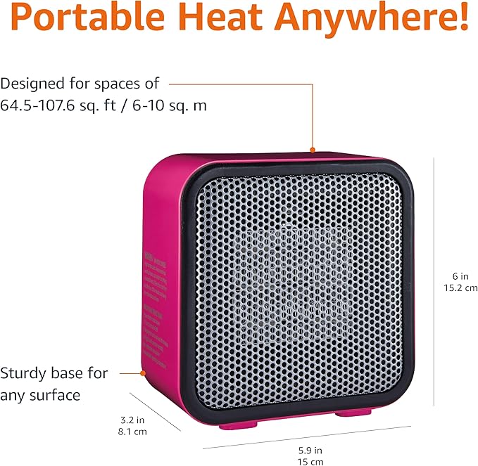 Amazon Basics Ceramic Space Heater, Mini Heater for Office Desk, Portable Tent Heater for Camping (Indoor Use), 500 W, With Tip-Over Protection, Lightweight (1.4 LBS), Pink, 5.9 x 3.2 x 6 inches