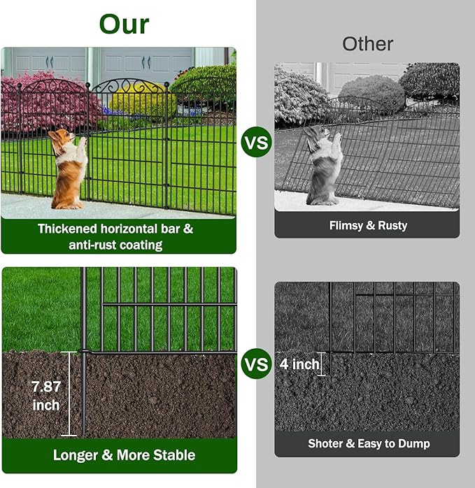 12 Panel Garden Fence - 36in H x 24 ft L, No Dig Rustproof Metal Tall Animal Barrier for Dogs Rabbits, Decorative Outdoor Border for Yard, Patio, and Flower Beds