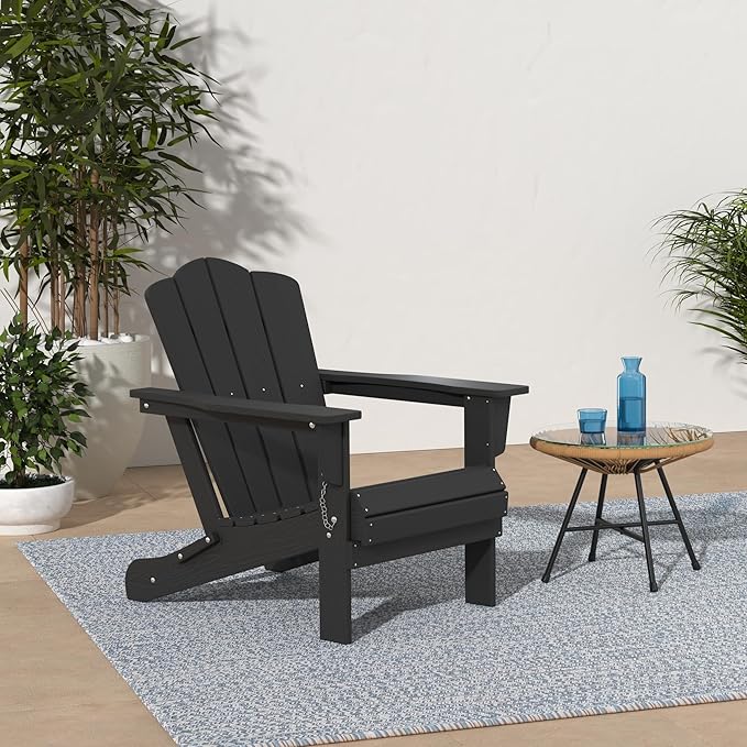 KINGYES Folding Adirondack Chair Set of 8, HDPE All-Weather Patio Chairs, Wooden Textured Lawn Chair for Poolside, Backyard, Deck, Fire Pit, Black