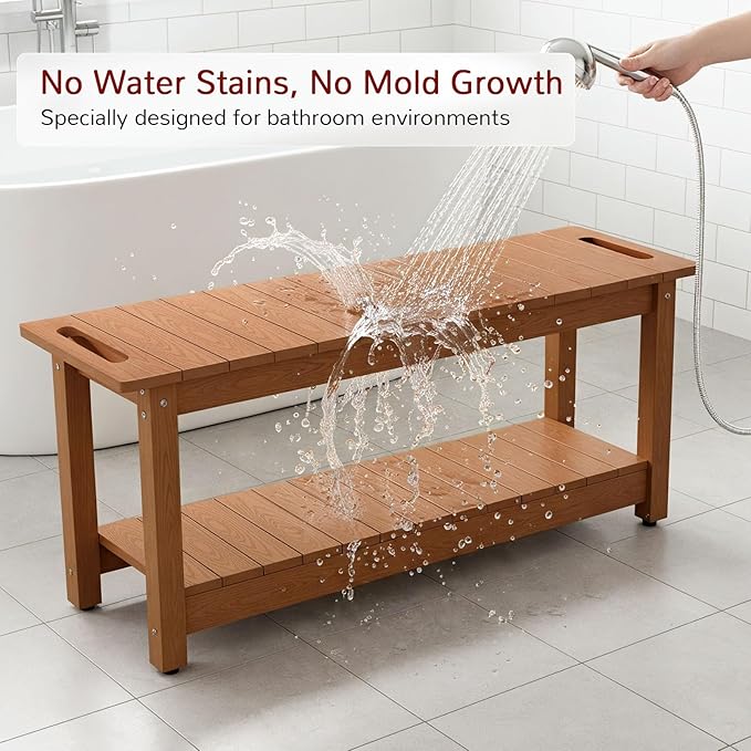 Stoog 41" Large Shower Bench, Waterproof Shower Stools with 400 lbs Weight Capacity, Shower Chair Seat for Bathroom, Non-Slip, Brown
