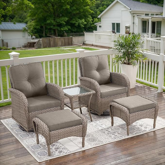 Belord 5 Pieces Wicker Patio Furniture Set - Swivel Rocker Outdoor Chairs with Ottomans and Side Table, Small Patio Conversation Set for Deck Porch Backyard