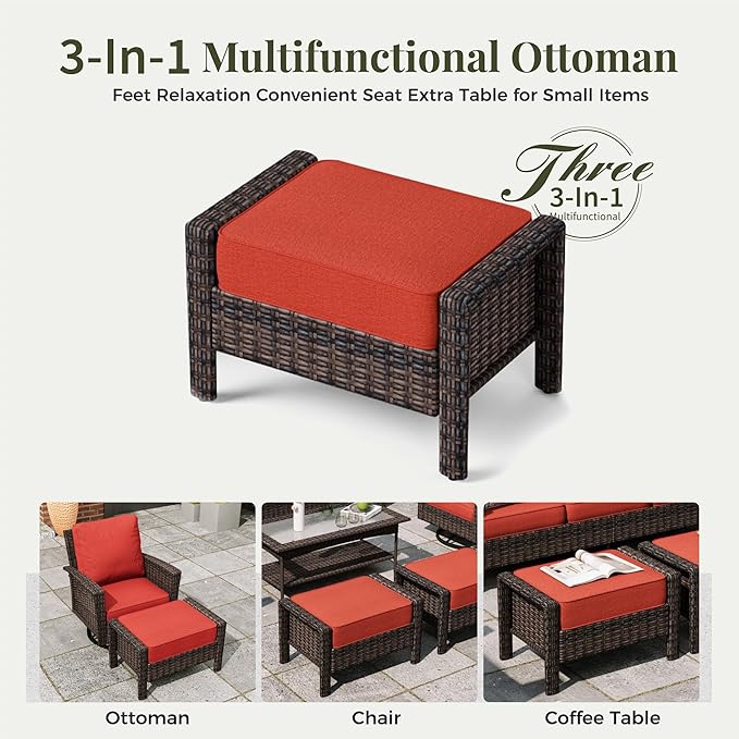 6-Piece Wicker Patio Furniture Set with Swivel Chairs, High Back Outdoor Furniture with 5.5-inch Thick Cushion and Ottoman, All-Weather Wicker Patio Conversation Set for Deck Yard Pool, Red