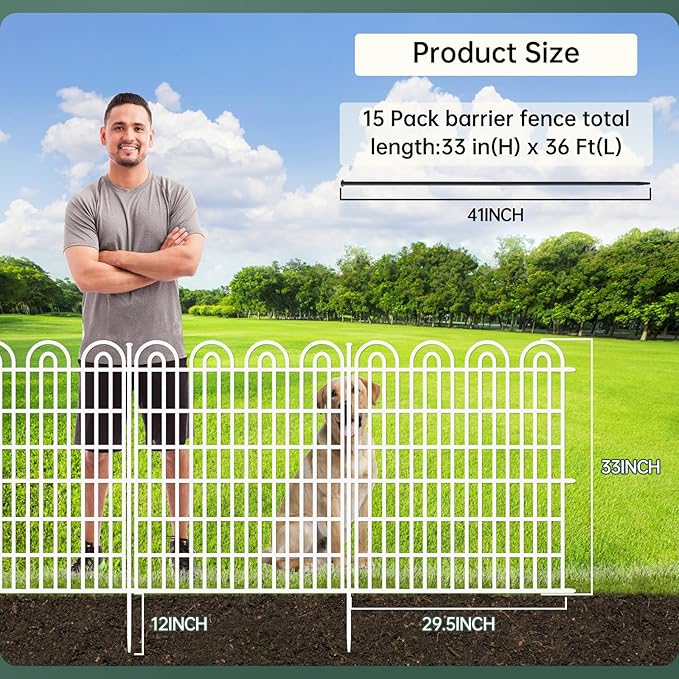 15 Panels Tall Garden Animal Barrier Fence with Gate, 33 in(H) X 36.8 ft(L) No Dig Decorative Garden Fence Outdoor for Yard, Heavy Duty Rustproof Metal Edging Border for Dog, Rabbits, White