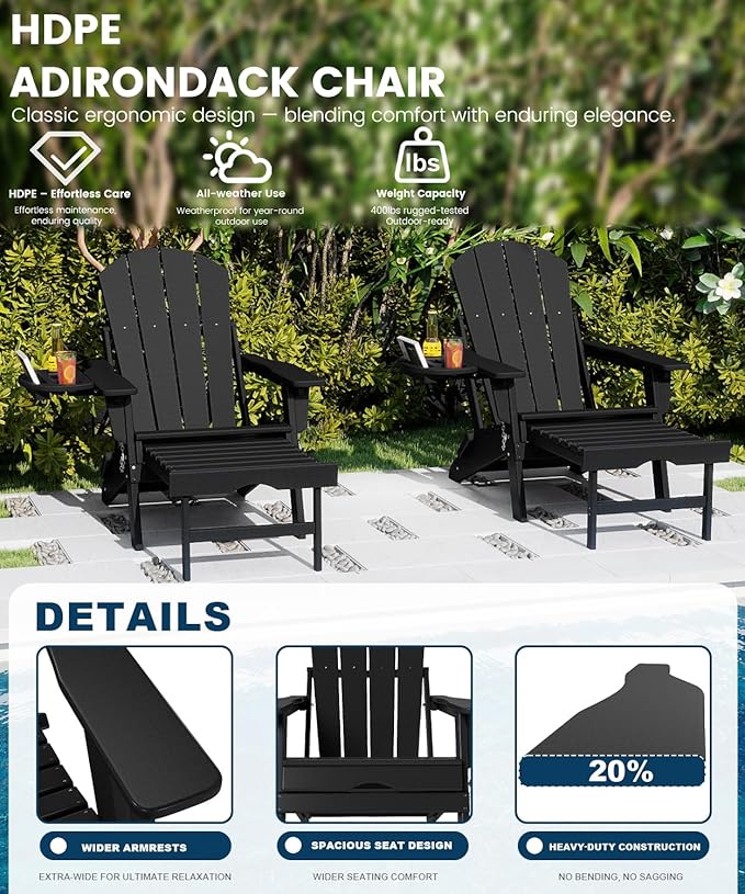 FOOWIN Folding Adjustable Adirondack Chair with Retractable Ottoman Set of 2,HDPE Adirondack Chair w/4 in 1 Cup Holder Trays,All-Weather Resistant Fire Pit Chair for Outdoor Patio Lawn, Black