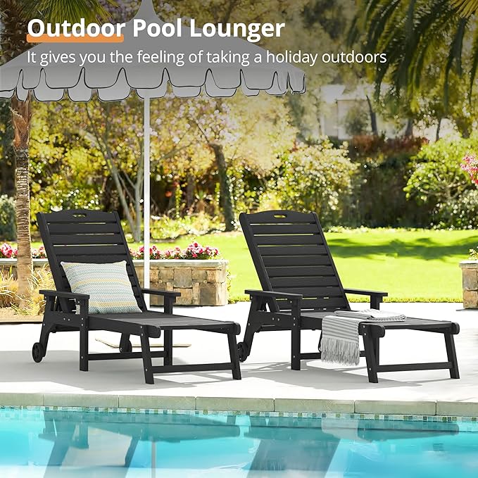 LUE BONA Chaise Lounge Chair with Table, 2-Piece,79'' Oversized HDPS Chaise Lounger, 5 Positions Adjustable Lounge Chairs, Pool Lounge Chair with Wheels for Poolside, Backyard, 3 Year Warranty, Black