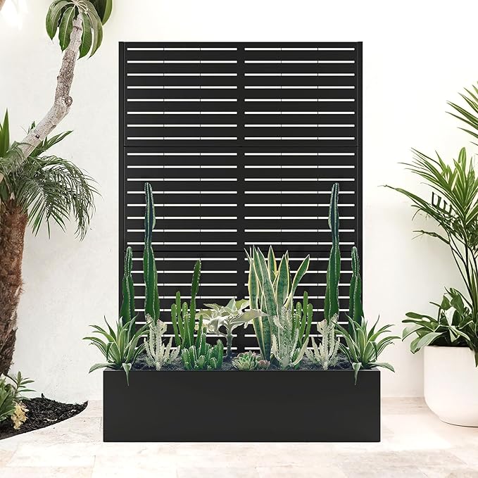 Metal Planter Box with Trellis Privacy Screen, Large Raised Garden Beds with Trellis for Climbing Vegetables Plants, Privacy Planters with Drainage Holes for Patio (47"L×16"W×71"H, Black Blinds)