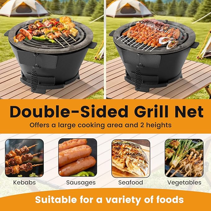 Giantex Cast Iron Hibachi Grill, Portable Japanese BBQ Charcoal Grill with Double-Sided Grate, Air Regulating Door & Fire Gate, Tabletop Camping Grill for Outdoor Cooking, Backyard, Picnic