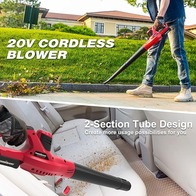 PowerSmart 20V Cordless Battery Operated Leaf Blower(120CFM/117MPH) with 2 Batteries and Charger, Portable,Lightweight & Small Blowers for Patio Cleaning,Lawn Care,Blowing Leaves and Dust (PS76101A)