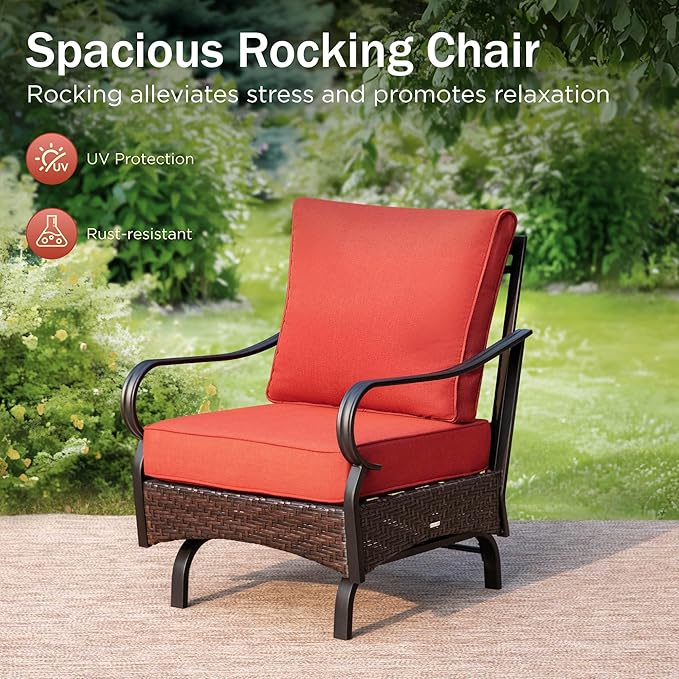 PHI VILLA Patio Rocking Chairs Set of 2, Outdoor Wicker Chairs with Thick Cushion, All Weather High Back Outdoor Furniture for Balcony Porch and Yard
