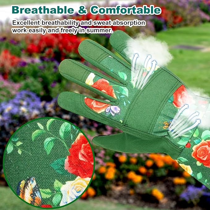 DLY Gardening Gloves,Leather Rose Gloves,Women's Long Glove for Gardening Work and Yard Work,Durable and Comfortable(Small, Green