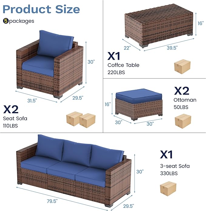 UDPATIO Patio Furniture Set, Wide Armrest Outdoor Furniture Set with 4" Non-Slip Cushions, Wicker Conversation Sofa with Ottomans and Waterprool Covers, for Backyard Porch, Navy