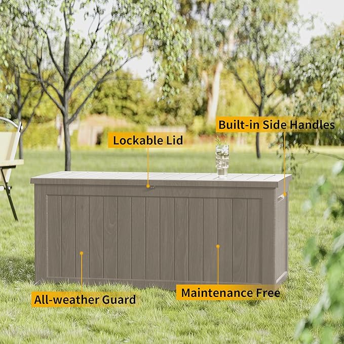 Mersco 270 Gallon Double-Wall Resin Deck Box - Lockable Waterproof Outdoor Storage Box, 1000lbs Capacity & Doubles as Seating for Patio Furniture - Garden Tools, Pool Accessories (Grey)