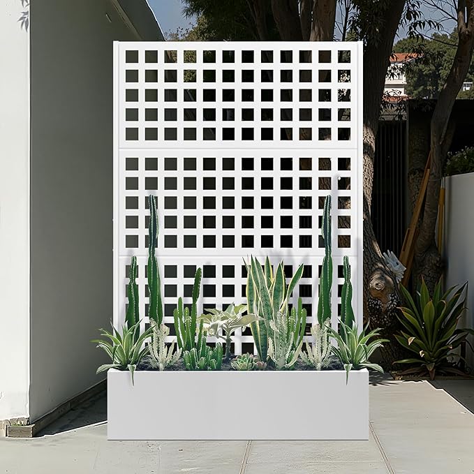 Metal Raised Garden Beds Outdoor with Trellis & Privacy Screen for Outdoor Plants, Planter Box for Climbling Plants, Flowers, Vine, Large Garden Boxes with Drainage Holes (47"L×16"W×71"H, White)