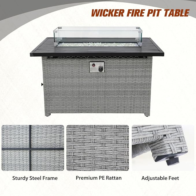 EAGLE PEAK 42'' Rectangular Propane Gas Fire Pit Table with Glass Beads， Wind Guard & Cover Storage, 50,000 BTU Outdoor Firepit Tabletop with Lid and Tank Compartment, Gray PE Rattan